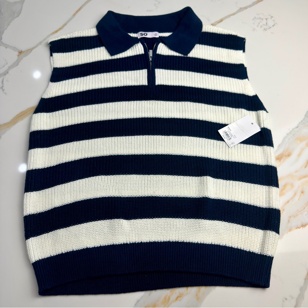 SO Women's Navy and White Striped Zip-Up Sweater